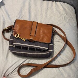 Fossil Tan and Black Striped Crossbody Bag
